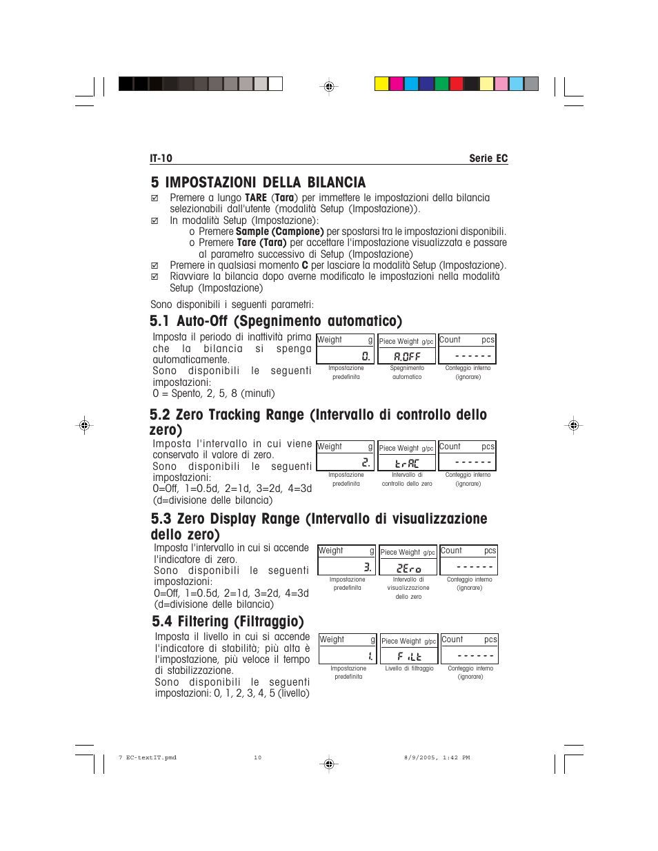 5 impostazioni della bilancia, 1 auto-off (spegnimento automatico), 4 filtering (filtraggio) | A.off, Trac, 2ero, Filt | Recoton/Advent EC Series User Manual | Page 70 / 76