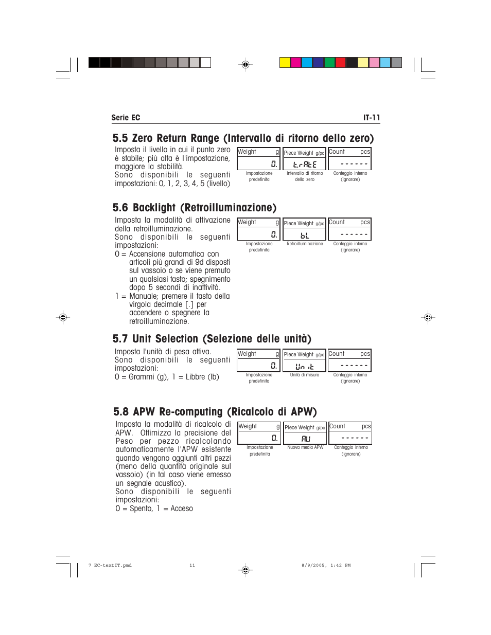 6 backlight (retroilluminazione), 7 unit selection (selezione delle unità), 8 apw re-computing (ricalcolo di apw) | T.rate, Unit | Recoton/Advent EC Series User Manual | Page 71 / 76