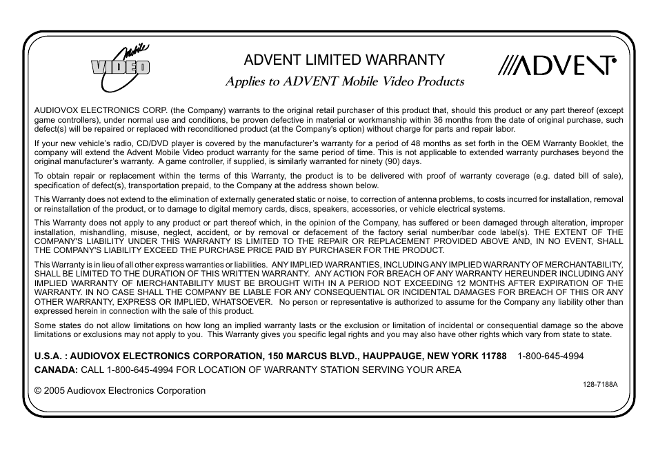 Advent limited warranty, Applies to advent mobile video products | Recoton/Advent HR9000PKG User Manual | Page 24 / 25