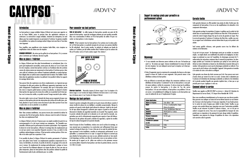 Calypso, Manuel du propriétaire calypso | Recoton/Advent Multi-purpose Speaker Calypso User Manual | Page 2 / 3