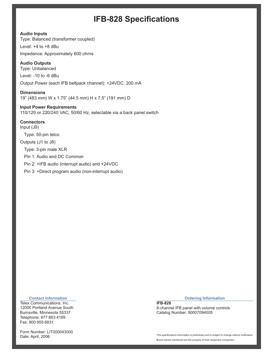 Ifb-828 specifications | RTS Digital Matrix Intercom IFB-828 User Manual | Page 2 / 2