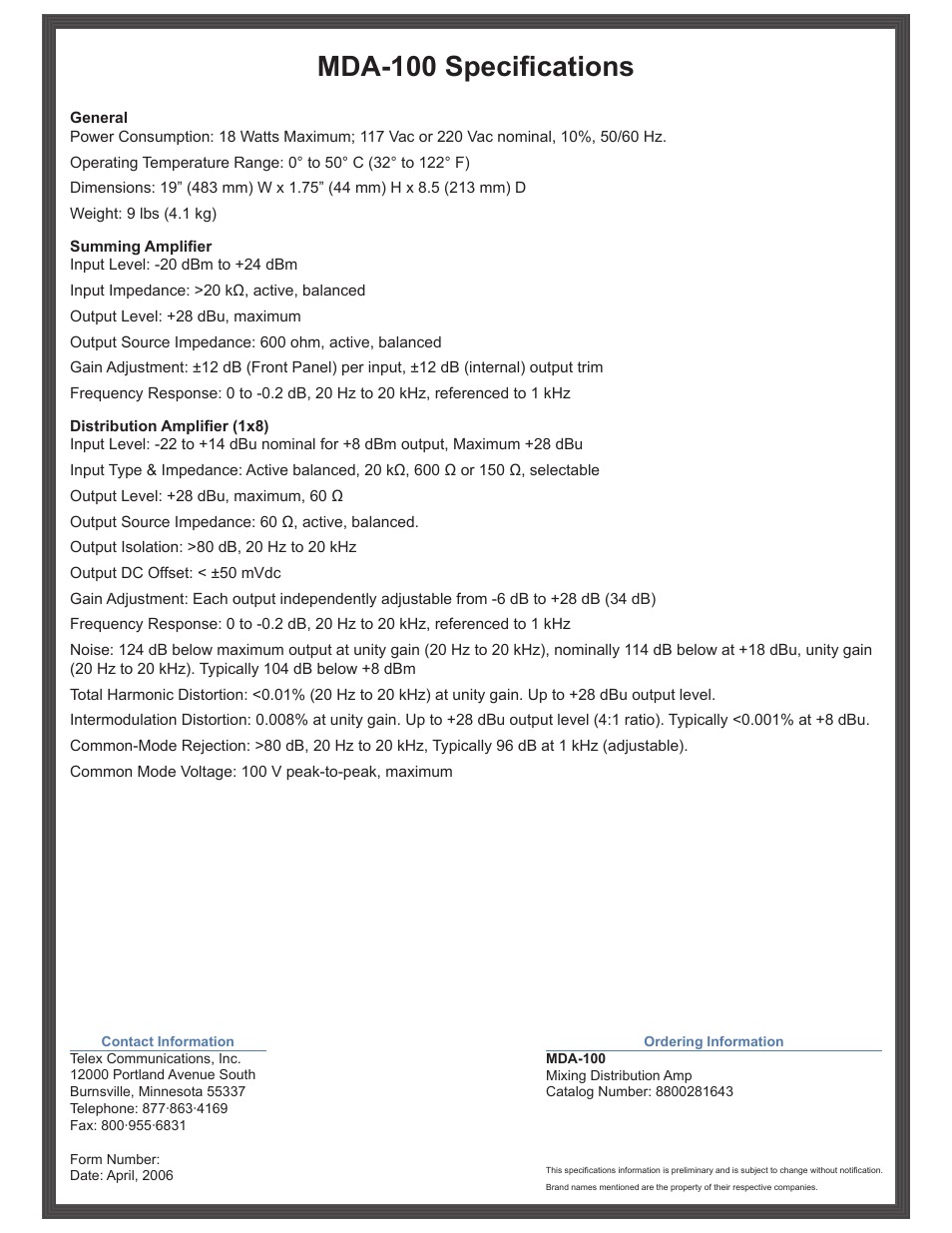 Mda-100 specifications | RTS Digital Matrix Intercom MDA-100 User Manual | Page 2 / 2