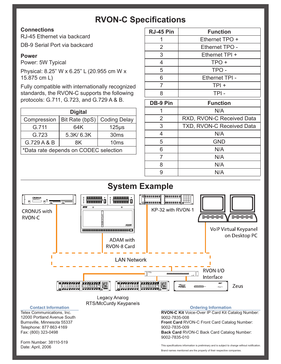 Rvon-c specifications, System example | RTS RVON-C User Manual | Page 2 / 2
