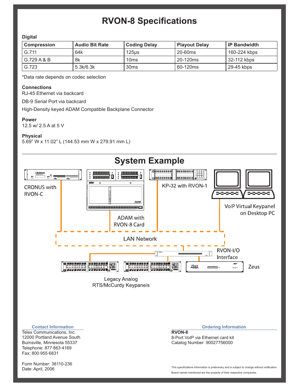 Rvon-8 specifications, System example | RTS Digital Matrix Intercom RVON-8 User Manual | Page 2 / 2