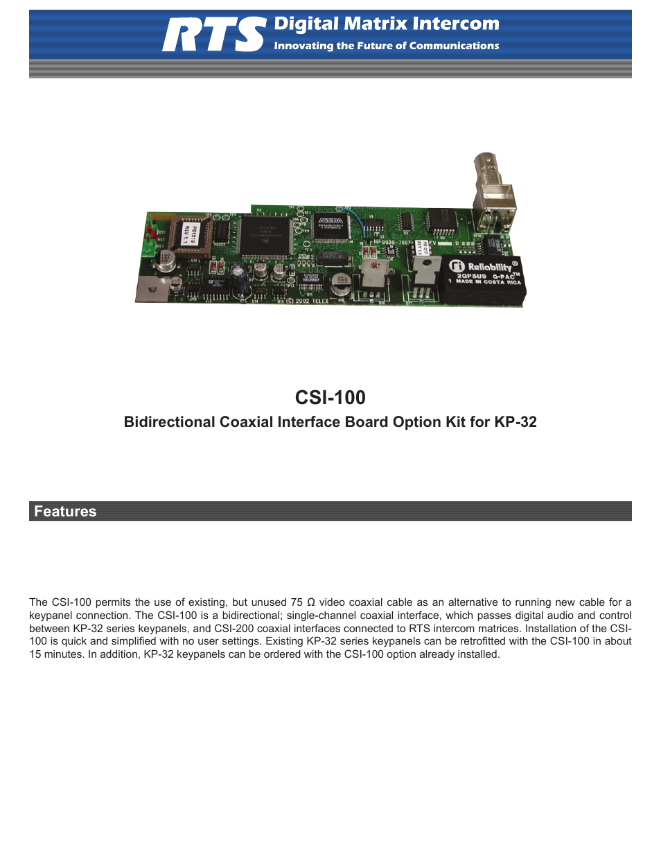 RTS CSI-100 User Manual | 2 pages