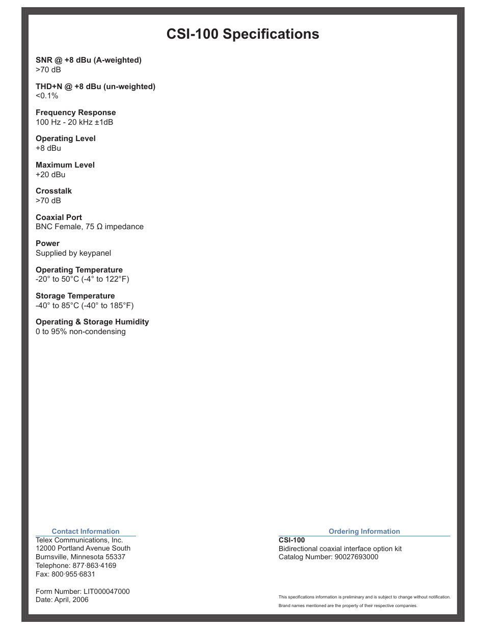 Csi-100 specifications | RTS CSI-100 User Manual | Page 2 / 2