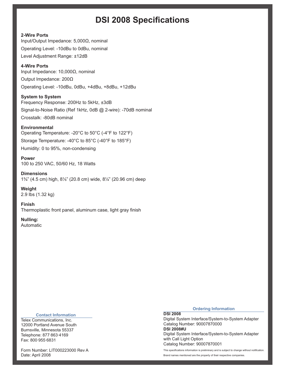 Dsi 2008 specifications | RTS DSI 2008 User Manual | Page 2 / 2