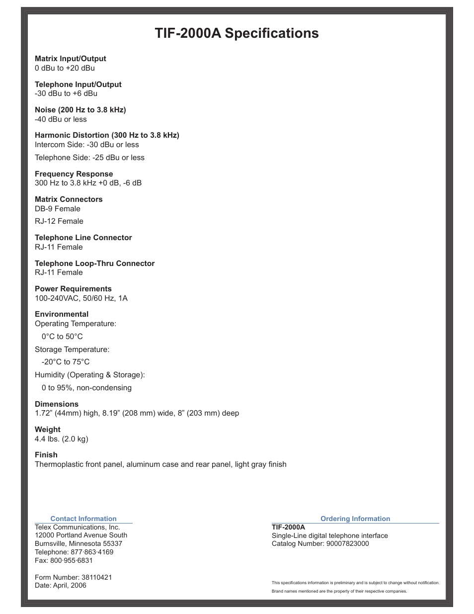 Tif-2000a specifications | RTS TIF-2000A User Manual | Page 2 / 2