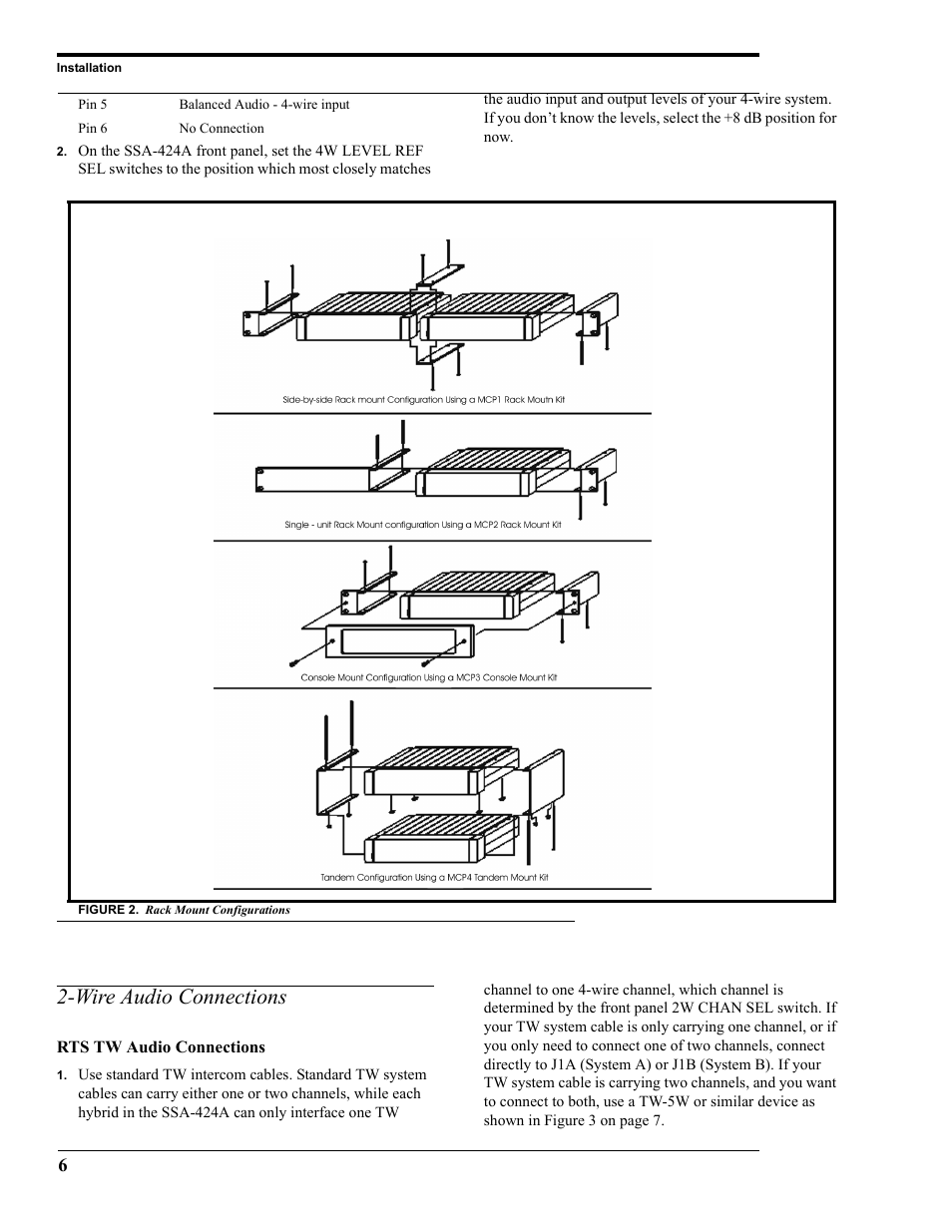 Figure 2. rack mount configurations, Wire audio connections, Rts tw audio connections | RTS SSA-424A User Manual | Page 10 / 22