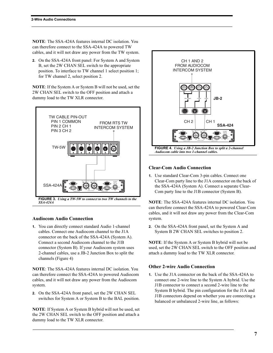 Audiocom audio connection, Clear-com audio connection, Other 2-wire audio connection | Wire audio connections | RTS SSA-424A User Manual | Page 11 / 22