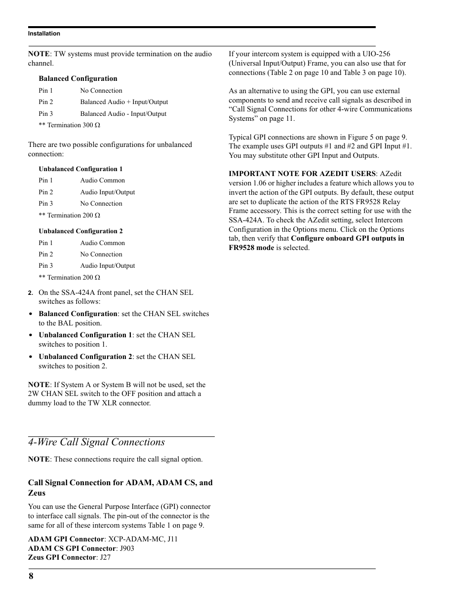 Wire call signal connections, Call signal connection for adam, adam cs, and zeus | RTS SSA-424A User Manual | Page 12 / 22
