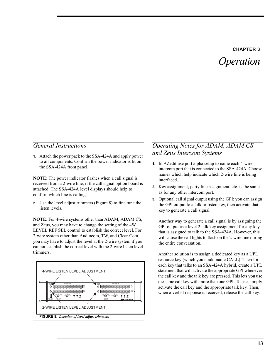 General instructions, Figure 8. location of level adjust trimmers, Chapter 3 | Operation | RTS SSA-424A User Manual | Page 17 / 22