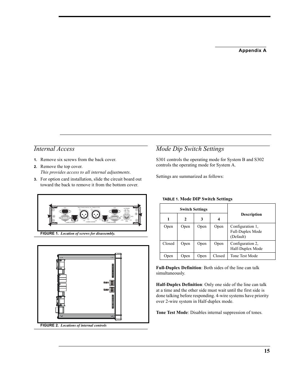 Internal access, Remove six screws from the back cover, Figure 1. location of screws for disassembly | Figure 2. locations of internal controls, Mode dip switch settings, Table 1. mode dip switch settings, Appendix a | RTS SSA-424A User Manual | Page 19 / 22