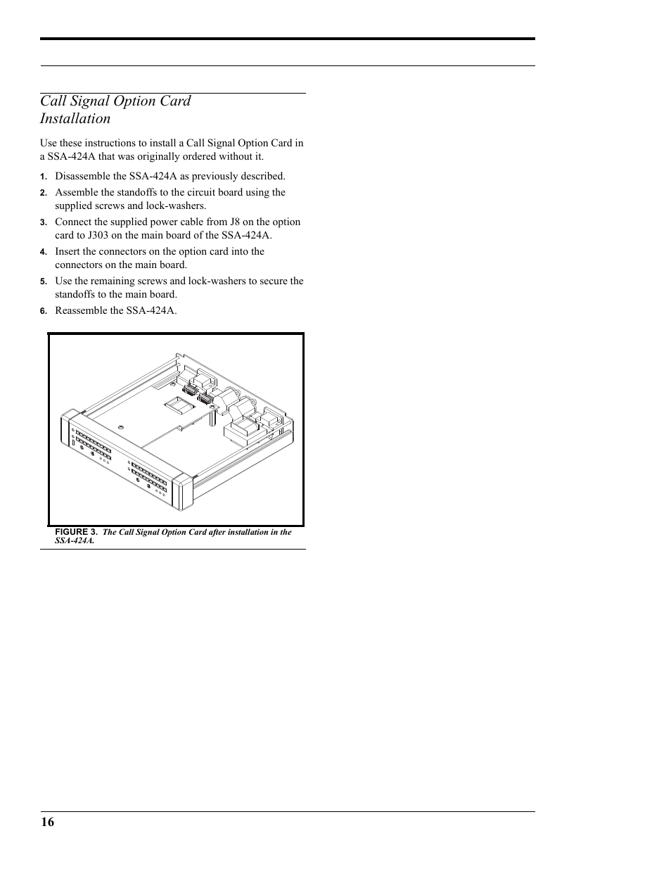 Call signal option card installation, Disassemble the ssa-424a as previously described, Reassemble the ssa-424a | RTS SSA-424A User Manual | Page 20 / 22