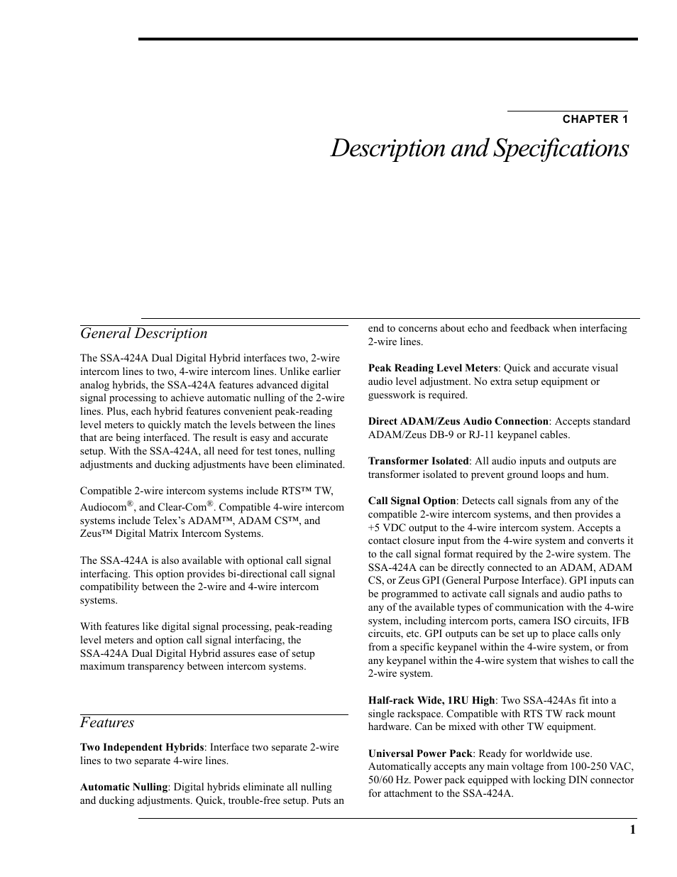 General description, Features, Chapter 1 | General features, Description and specifications | RTS SSA-424A User Manual | Page 5 / 22