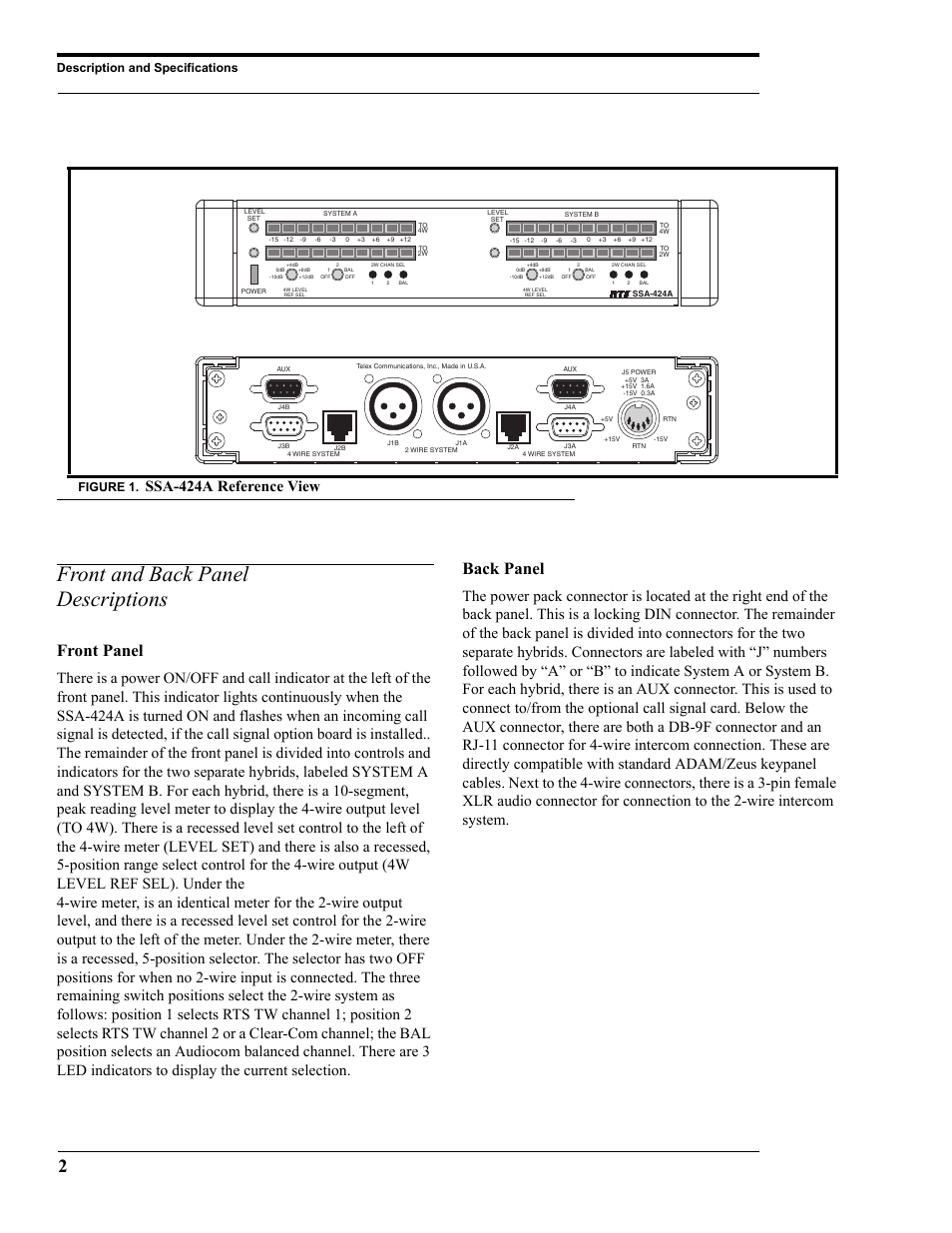 Figure 1. ssa-424a reference view, Front and back panel descriptions, Front panel | Back panel, Ssa-424a reference view, Description and specifications, Figure 1 | RTS SSA-424A User Manual | Page 6 / 22