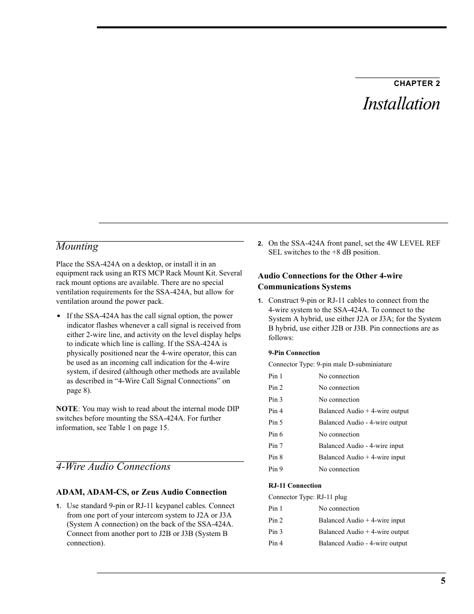 Mounting, Wire audio connections, Adam, adam-cs, or zeus audio connection | Chapter 2, Installation | RTS SSA-424A User Manual | Page 9 / 22