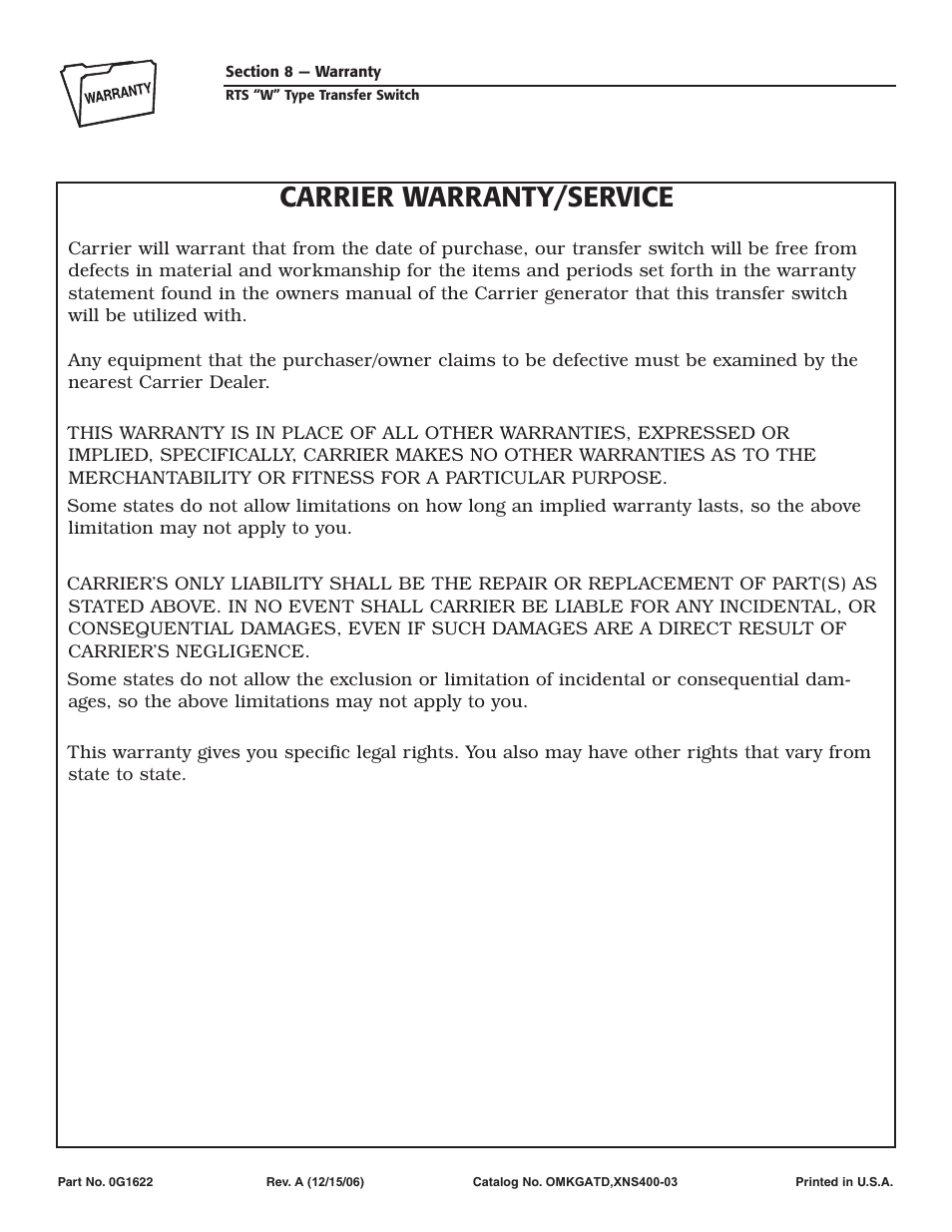 Carrier warranty/service | RTS KGATX0101400 User Manual | Page 16 / 16