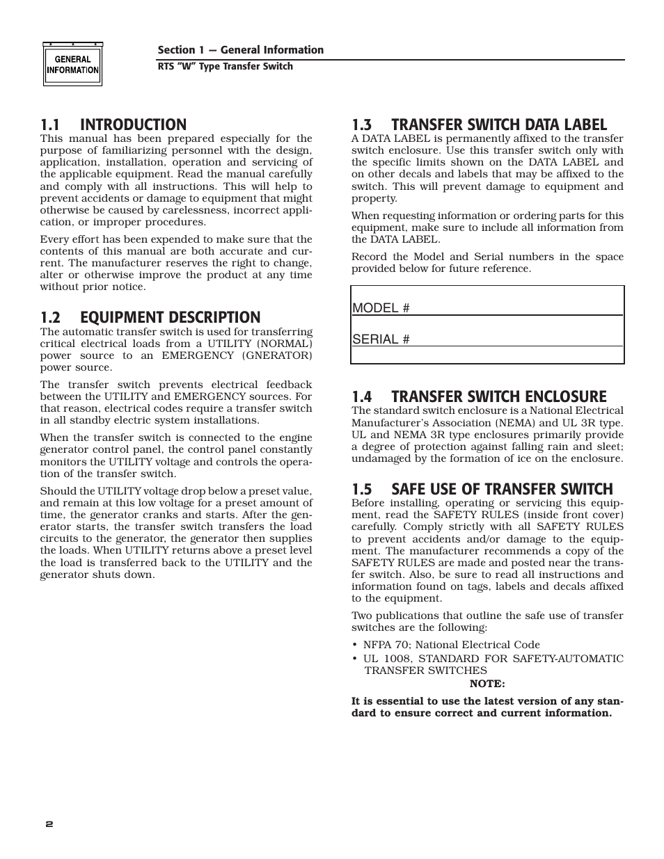 1 introduction, 2 equipment description, 3 transfer switch data label | 4 transfer switch enclosure, 5 safe use of transfer switch | RTS KGATX0101400 User Manual | Page 4 / 16