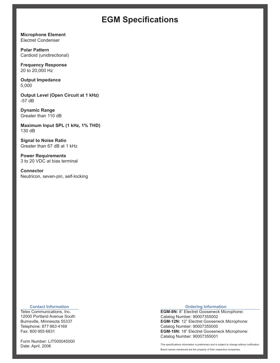 Egm specifications | RTS KP-12 User Manual | Page 2 / 2