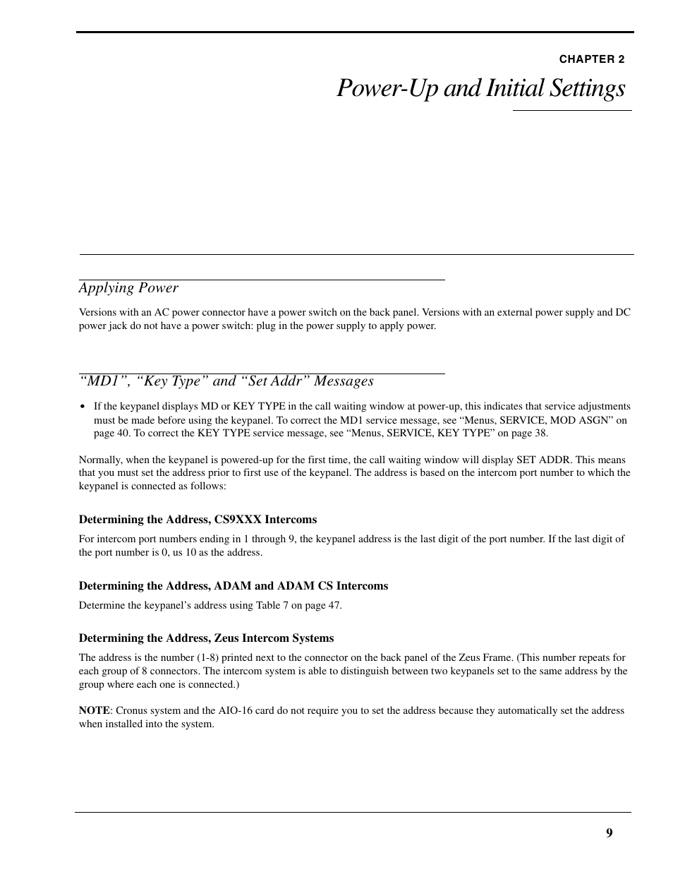 Chapter 2 power-up and initial settings, Applying power, Md1”, “key type” and “set addr” messages | Determining the address, cs9xxx intercoms, Determining the address, zeus intercom systems, Power-up and initial settings | RTS Digital Matrix s Keypanels DKP-8 User Manual | Page 15 / 60