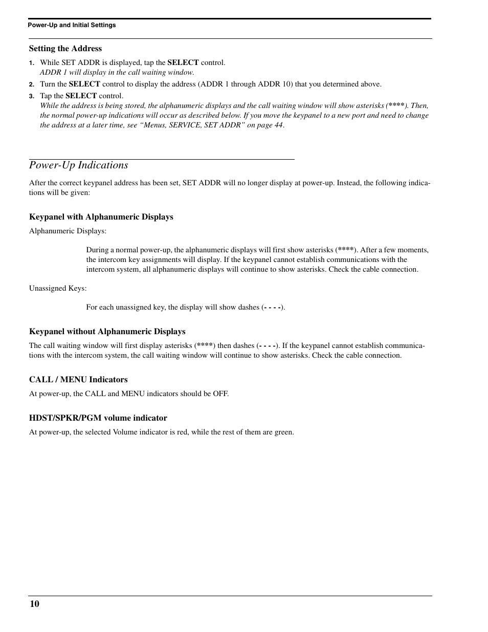 Setting the address, Power-up indications, Keypanel with alphanumeric displays | Keypanel without alphanumeric displays, Call / menu indicators, Hdst/spkr/pgm volume indicator | RTS Digital Matrix s Keypanels DKP-8 User Manual | Page 16 / 60