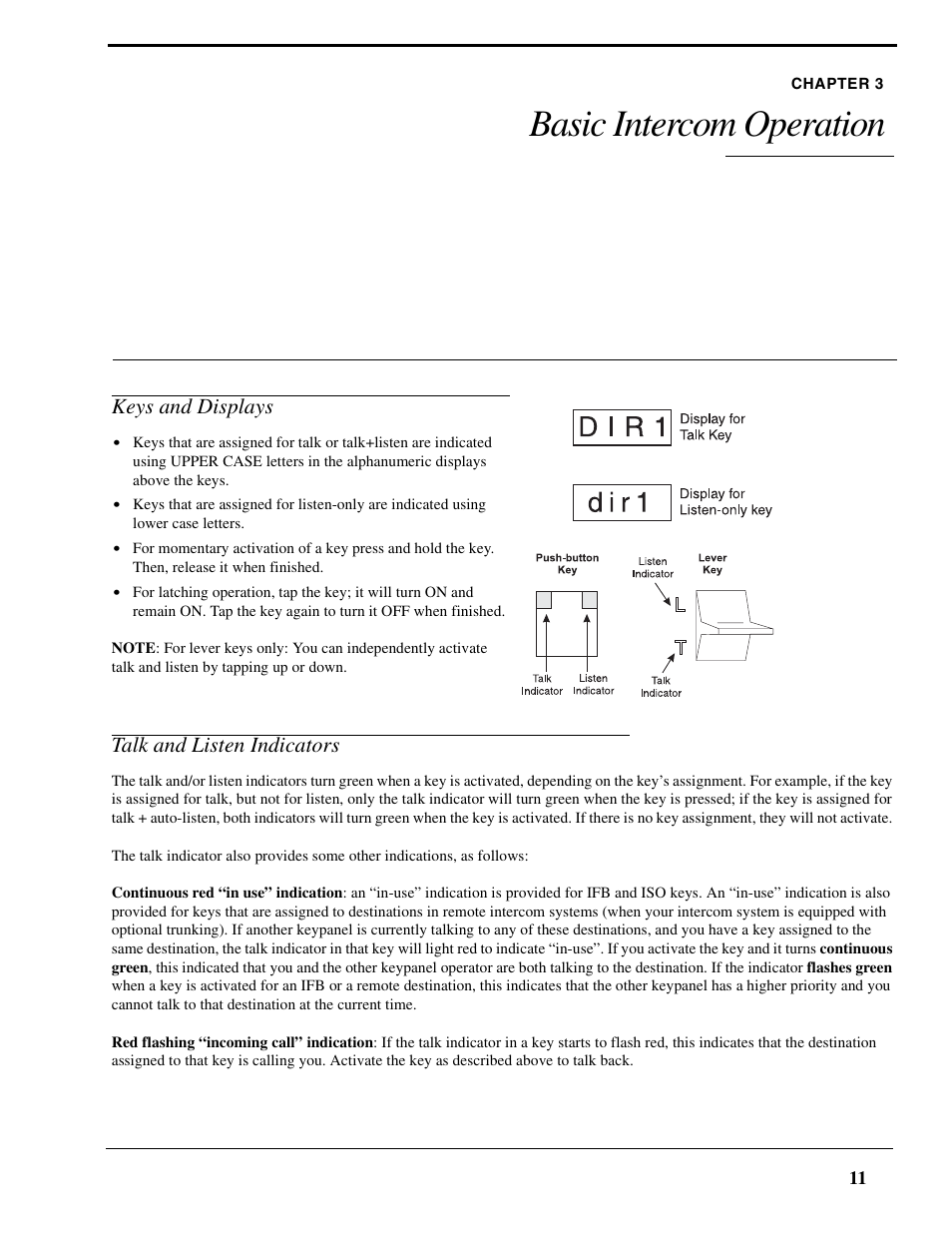 Chapter 3 basic intercom operation, Keys and displays, Talk and listen indicators | Keys and displays talk and listen indicators, Basic intercom operation | RTS Digital Matrix s Keypanels DKP-8 User Manual | Page 17 / 60