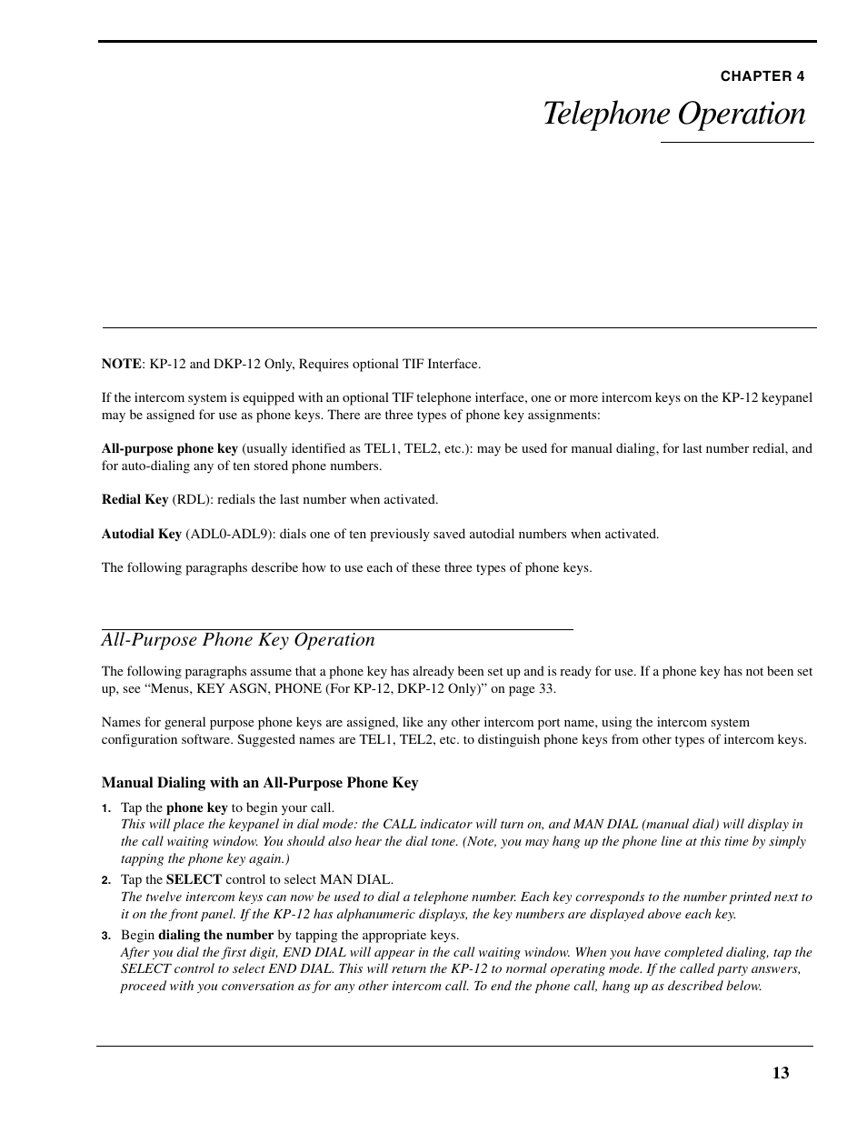 Chapter 4 telephone operation, All-purpose phone key operation, Manual dialing with an all-purpose phone key | Telephone operation | RTS Digital Matrix s Keypanels DKP-8 User Manual | Page 19 / 60