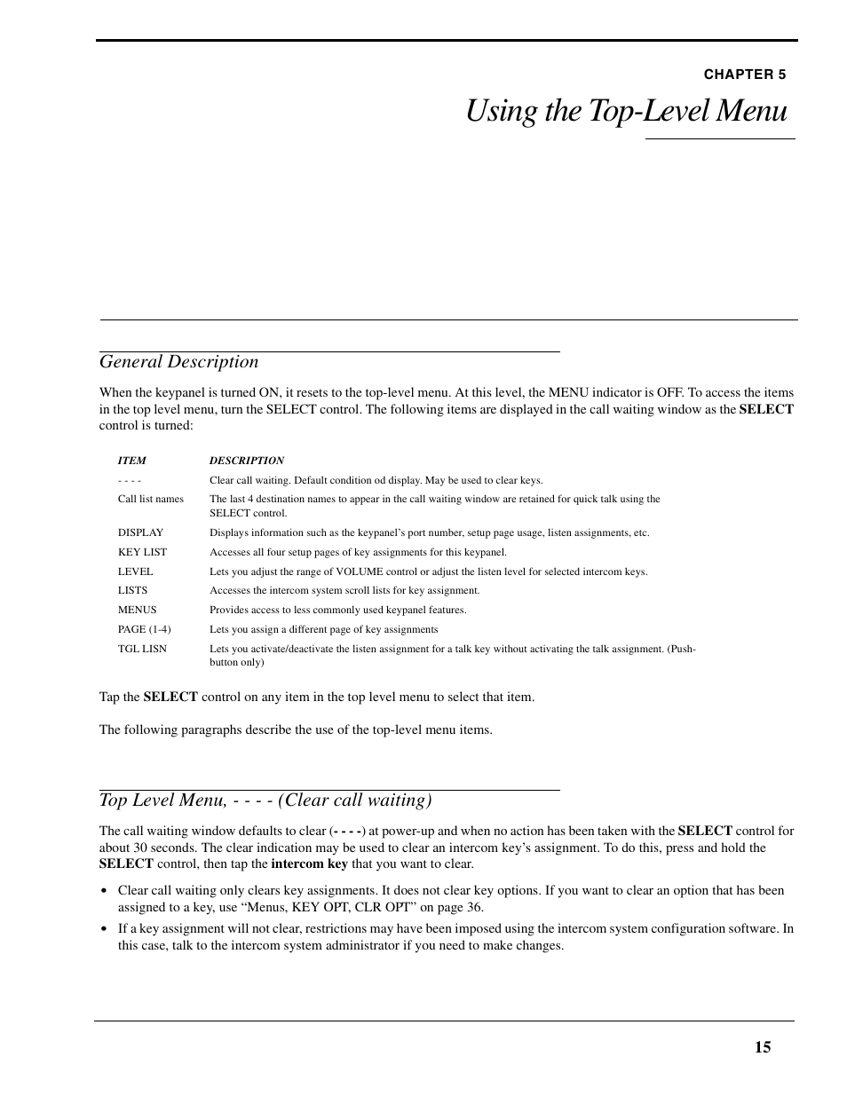 Chapter 5 using the top-level menu, General description, Top level menu, - - - - (clear call waiting) | Using the top-level menu | RTS Digital Matrix s Keypanels DKP-8 User Manual | Page 21 / 60