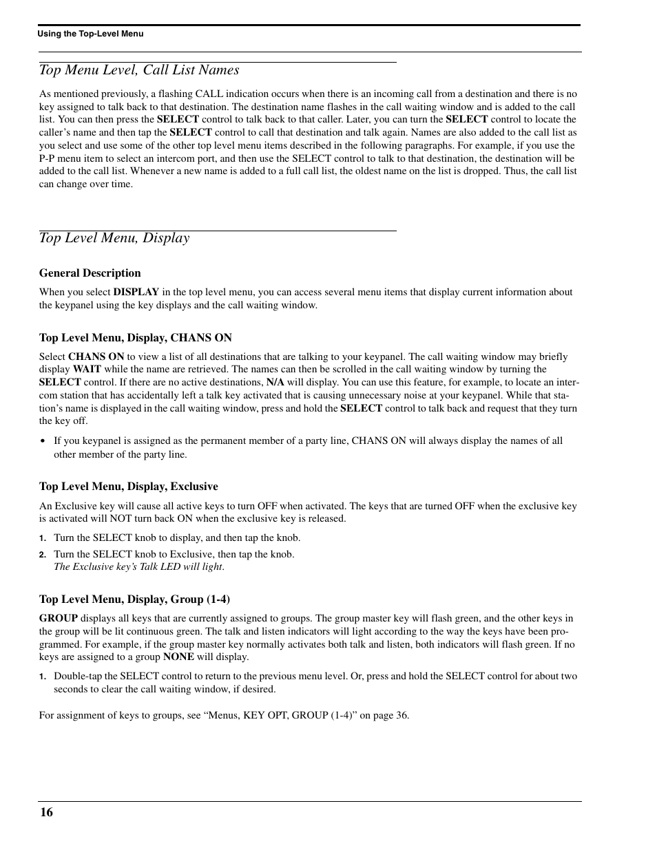 Top menu level, call list names, Top level menu, display, General description | Top level menu, display, chans on, Top level menu, display, exclusive, Top level menu, display, group (1-4) | RTS Digital Matrix s Keypanels DKP-8 User Manual | Page 22 / 60