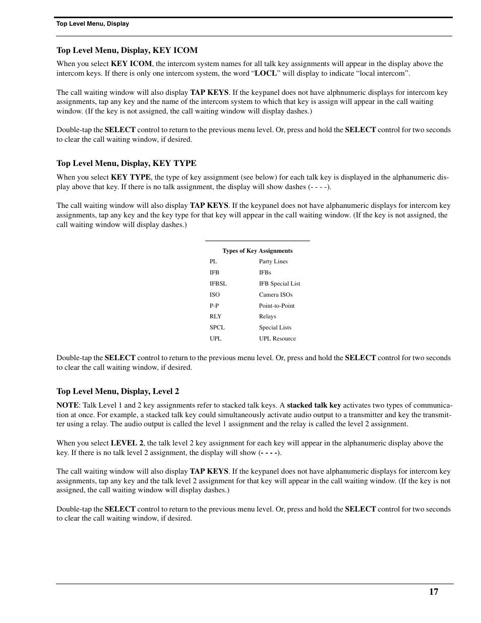 Top level menu, display, key icom, Top level menu, display, key type, Top level menu, display, level 2 | RTS Digital Matrix s Keypanels DKP-8 User Manual | Page 23 / 60