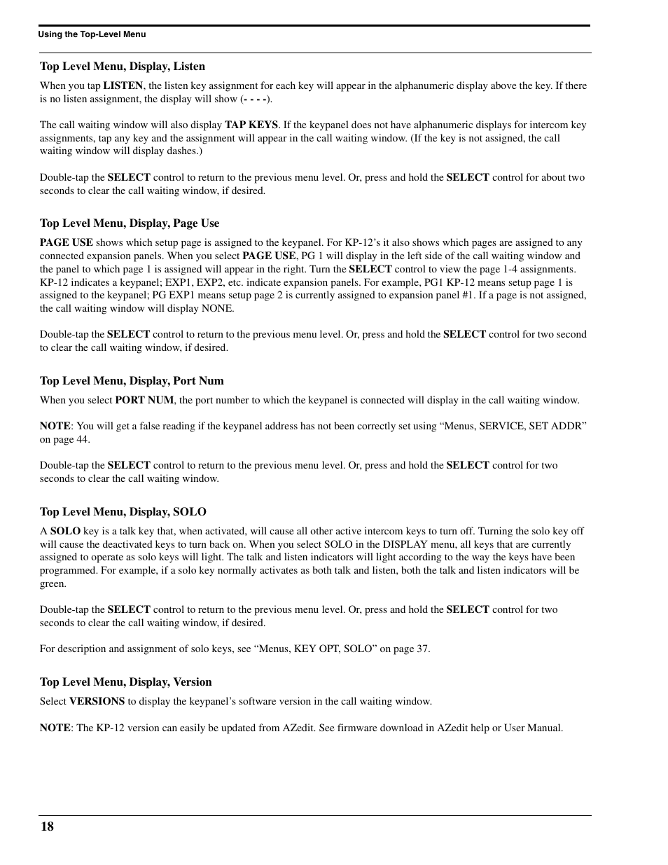 Top level menu, display, listen, Top level menu, display, port num, Top level menu, display, solo | Top level menu, display, version | RTS Digital Matrix s Keypanels DKP-8 User Manual | Page 24 / 60