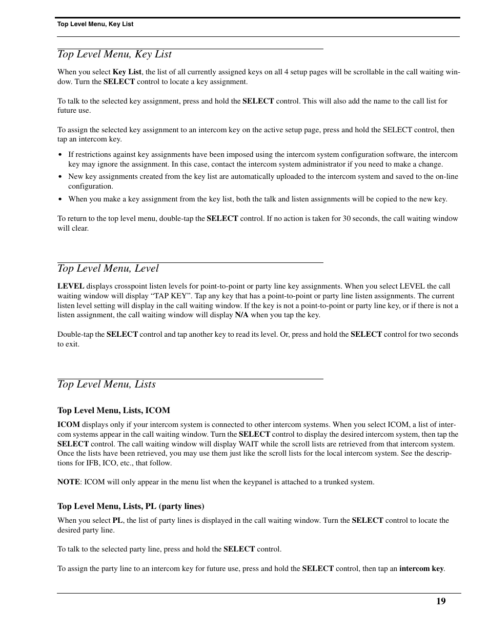 Top level menu, key list, Top level menu, level, Top level menu, lists | Top level menu, lists, icom, Top level menu, lists, pl (party lines) | RTS Digital Matrix s Keypanels DKP-8 User Manual | Page 25 / 60