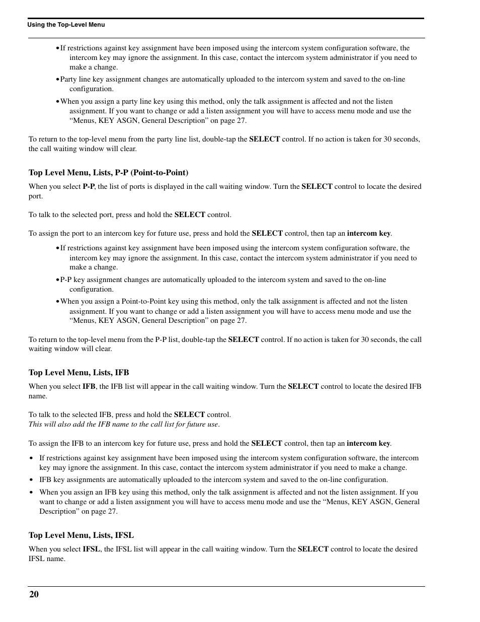 Top level menu, lists, p-p (point-to-point), Top level menu, lists, ifb, Top level menu, lists, ifsl | RTS Digital Matrix s Keypanels DKP-8 User Manual | Page 26 / 60