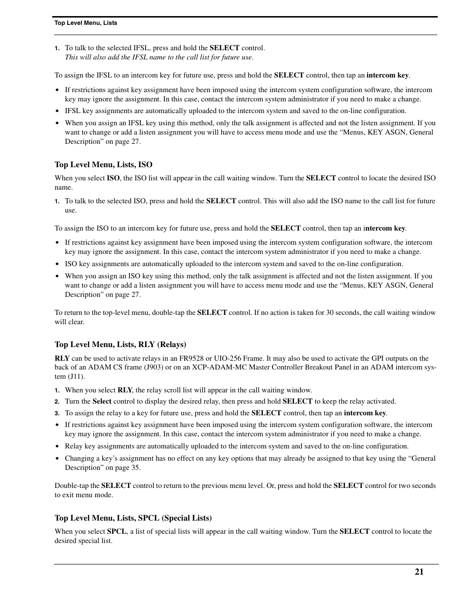 Top level menu, lists, iso, Top level menu, lists, rly (relays), Top level menu, lists, spcl (special lists) | RTS Digital Matrix s Keypanels DKP-8 User Manual | Page 27 / 60