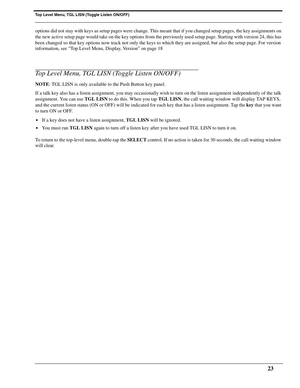 Top level menu, tgl lisn (toggle listen on/off) | RTS Digital Matrix s Keypanels DKP-8 User Manual | Page 29 / 60