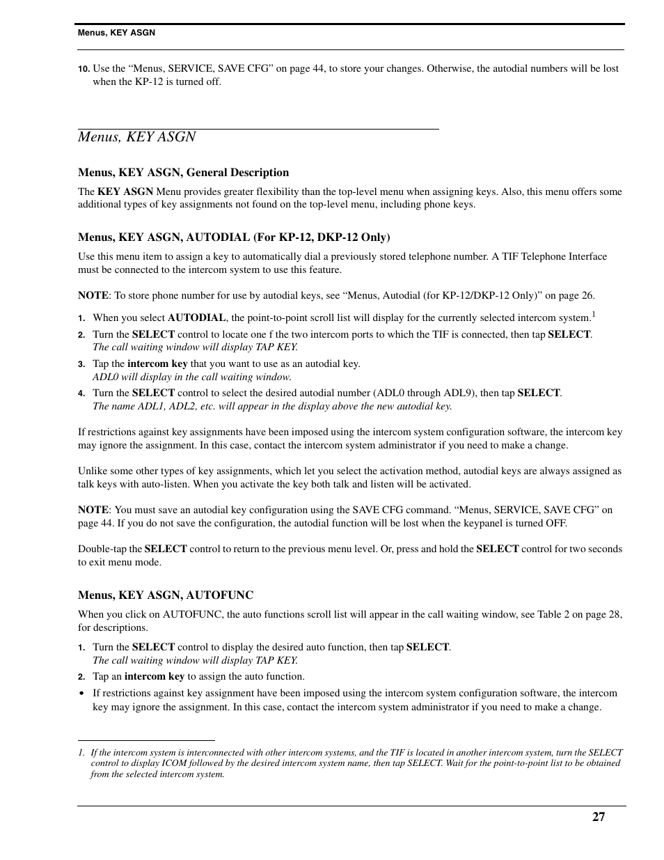 Menus, key asgn, Menus, key asgn, general description, Menus, key asgn, autodial (for kp-12, dkp-12 only) | Menus, key asgn, autofunc | RTS Digital Matrix s Keypanels DKP-8 User Manual | Page 33 / 60