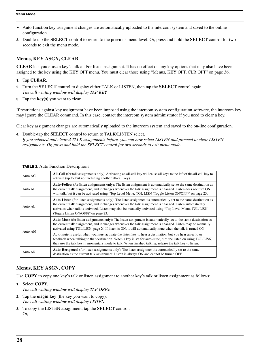 Menus, key asgn, clear, Menus, key asgn, copy, Menus, key asgn, clear menus, key asgn, copy | RTS Digital Matrix s Keypanels DKP-8 User Manual | Page 34 / 60