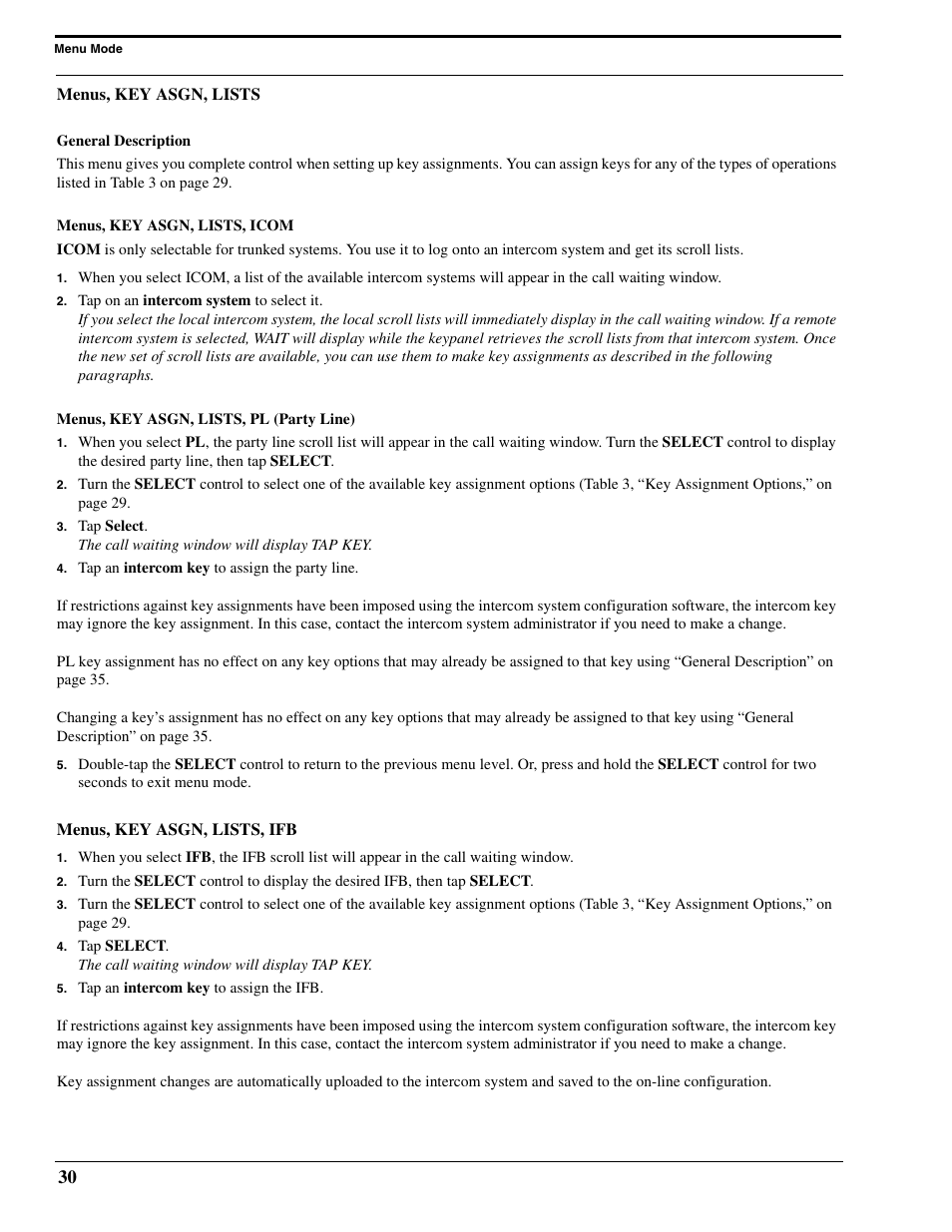 Menus, key asgn, lists, General description, Menus, key asgn, lists, icom | Menus, key asgn, lists, pl (party line), Menus, key asgn, lists, ifb | RTS Digital Matrix s Keypanels DKP-8 User Manual | Page 36 / 60