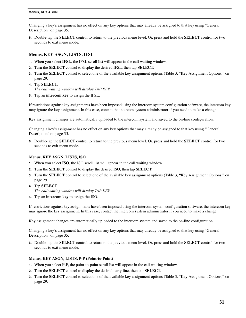 Menus, key asgn, lists, ifsl, Menus, key asgn, lists, iso, Menus, key asgn, lists, p-p (point-to-point) | RTS Digital Matrix s Keypanels DKP-8 User Manual | Page 37 / 60