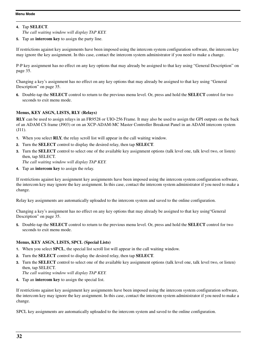 Menus, key asgn, lists, rly (relays), Menus, key asgn, lists, spcl (special lists) | RTS Digital Matrix s Keypanels DKP-8 User Manual | Page 38 / 60