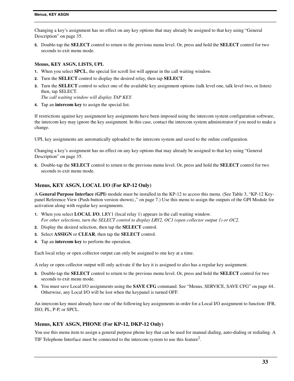 Menus, key asgn, lists, upl, Menus, key asgn, local i/o (for kp-12 only), Menus, key asgn, phone (for kp-12, dkp-12 only) | RTS Digital Matrix s Keypanels DKP-8 User Manual | Page 39 / 60