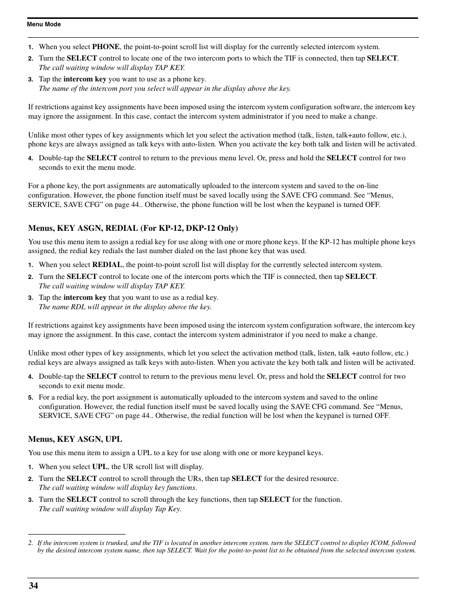 Menus, key asgn, redial (for kp-12, dkp-12 only), Menus, key asgn, upl | RTS Digital Matrix s Keypanels DKP-8 User Manual | Page 40 / 60