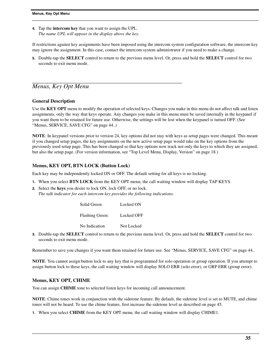 Menus, key opt menu, General description, Menus, key opt, btn lock (button lock) | Menus, key opt, chime | RTS Digital Matrix s Keypanels DKP-8 User Manual | Page 41 / 60