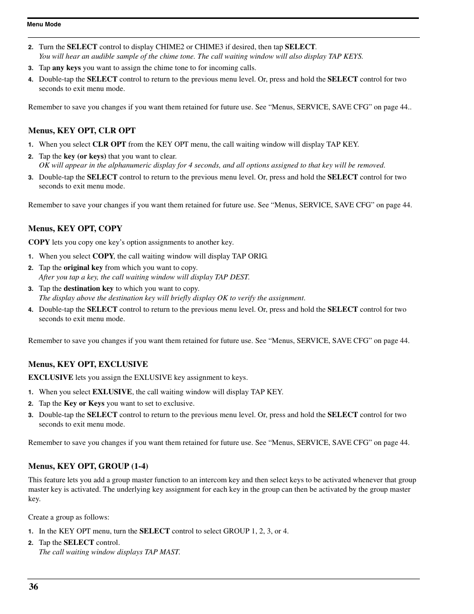 Menus, key opt, clr opt, Menus, key opt, copy, Menus, key opt, exclusive | Menus, key opt, group (1-4) | RTS Digital Matrix s Keypanels DKP-8 User Manual | Page 42 / 60