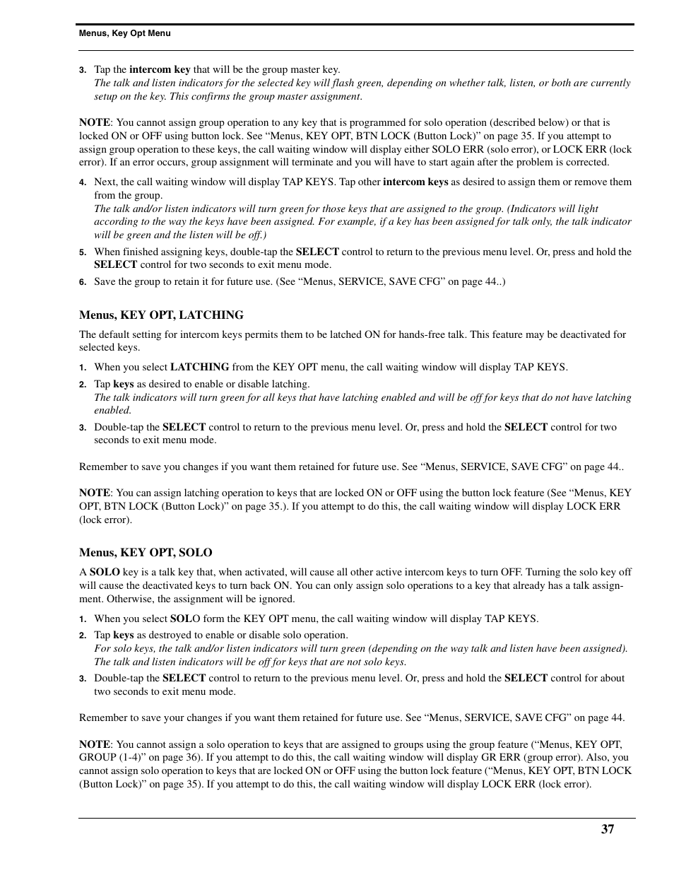 Menus, key opt, latching, Menus, key opt, solo, Menus, key opt, latching menus, key opt, solo | RTS Digital Matrix s Keypanels DKP-8 User Manual | Page 43 / 60