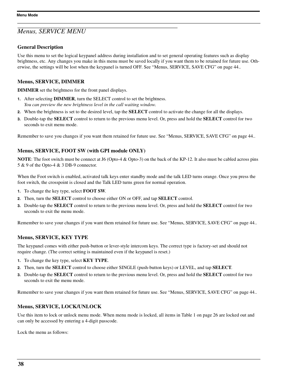 Menus, service menu, General description, Menus, service, dimmer | Menus, service, foot sw (with gpi module only), Menus, service, key type, Menus, service, lock/unlock | RTS Digital Matrix s Keypanels DKP-8 User Manual | Page 44 / 60