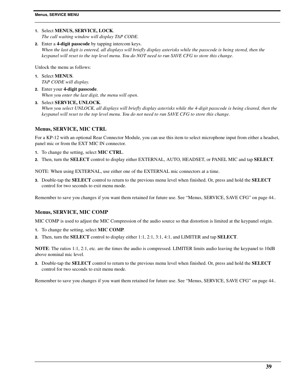 Menus, service, mic ctrl, Menus, service, mic comp, Menus, service, mic ctrl menus, service, mic comp | RTS Digital Matrix s Keypanels DKP-8 User Manual | Page 45 / 60