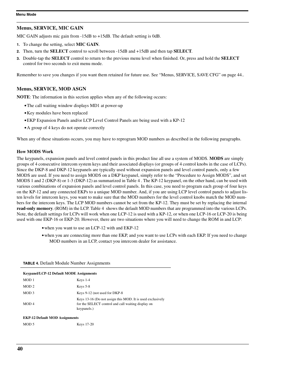 Menus, service, mic gain, Menus, service, mod asgn, How mods work | Menus, service, mic gain menus, service, mod asgn | RTS Digital Matrix s Keypanels DKP-8 User Manual | Page 46 / 60