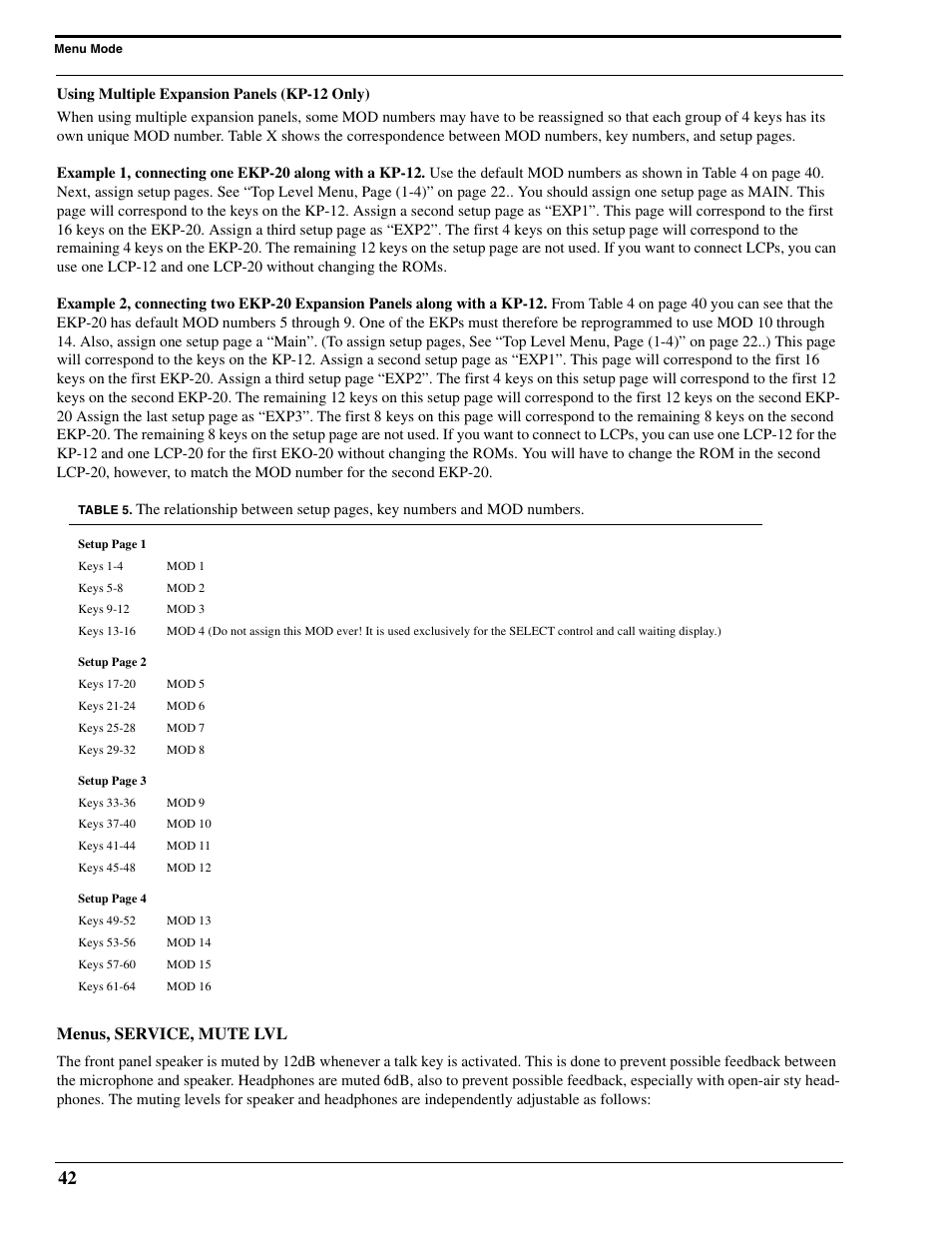 Using multiple expansion panels (kp-12 only), Menus, service, mute lvl | RTS Digital Matrix s Keypanels DKP-8 User Manual | Page 48 / 60